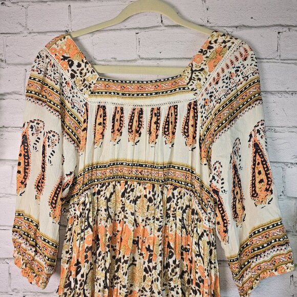 REBELLION BOHO DRESS 3/4 PEASANT SLEEVE SMOCKED BACK HIGH LOW HEM SIZE LARGE - Picture 6 of 7
